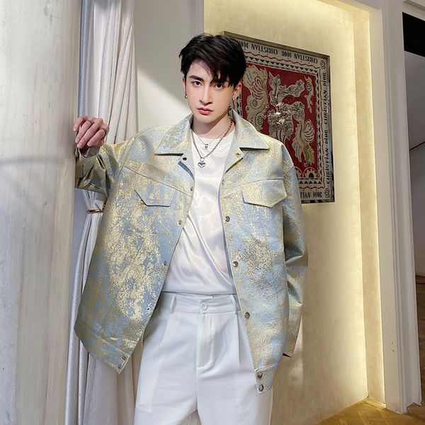 

men's jackets men shiny vintage fashion casual short jacket male streetwear loose coat outerwear stage clothing xs6j, Black;brown