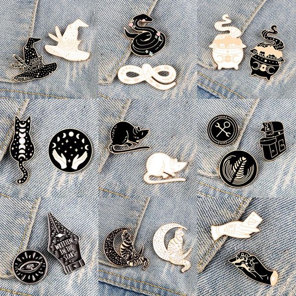 

pins, brooches 2-3pcs/set black and white brooch for couple friends cat rat snake animal pins magic hat lapel pin round badge jewelry gift, Gray