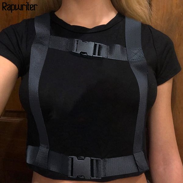 

rapwriter gothic patchwork buckle ribbon black slim female t-shirt women harajuku short sleeve o-neck femme summer crop 210415, White