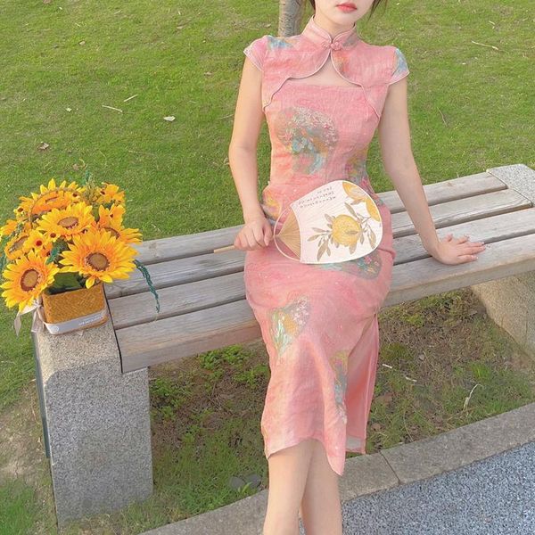 

ethnic clothing lady pink satin cheongsam hollow out mandarin collar chinese dress high split print floral qipao slim short sleeve vest, Red