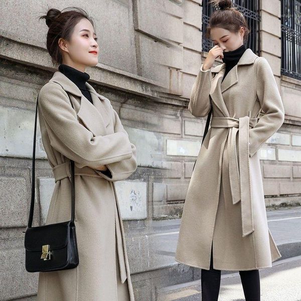 

women's wool & blends lady autumn winter korean overcoat woolen warm trench women jacket belted female coat loose fashion blend tweed, Black