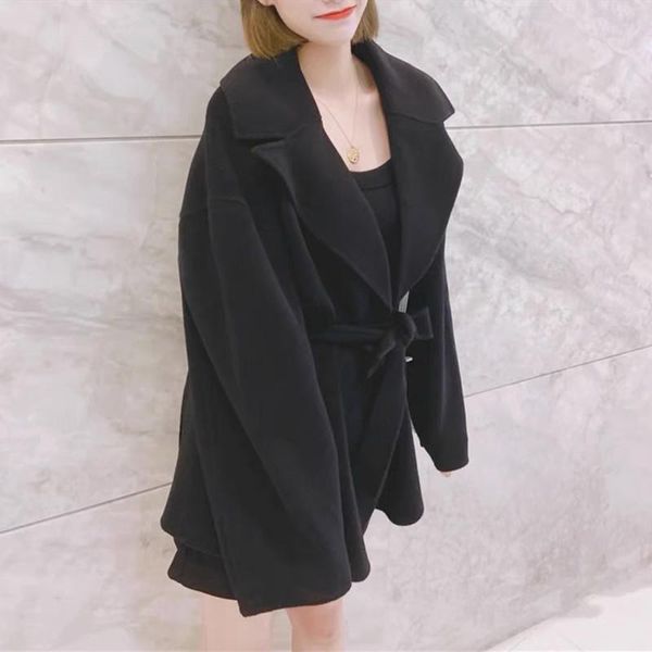 

women's wool & blends 2021 fall/winter style belt lapel loose coat short women jacket, Black