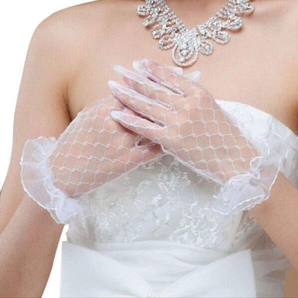 

five fingers gloves bride wedding beige short design lace gauze transparent women 2021 uv-proof summer fishnet mitten, Blue;gray