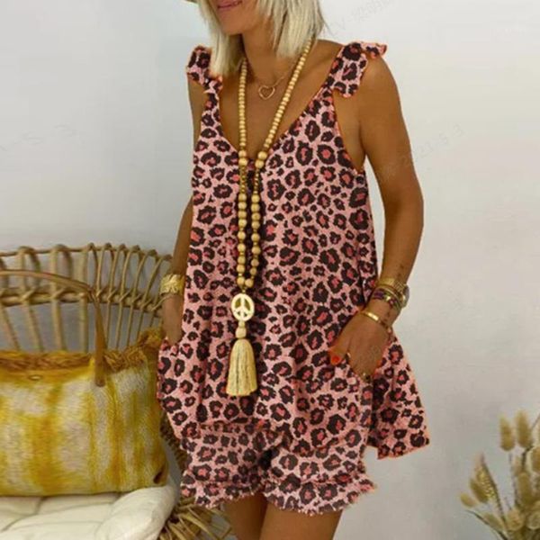 

women's tracksuits spring summer two piece set women shorts retro leopard print patchwork casual outfits v neck butterfly sleeve la, Gray