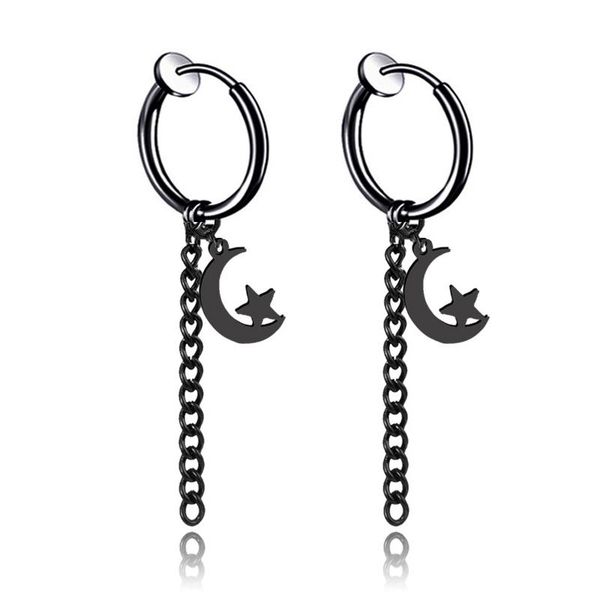 

clip-on & screw back 1pair 2pc there is no ear hole men women moon star tassel earrings trendy hip hop rock clip earring male punk jewelry, Silver