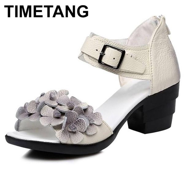 

women thick heels sandals peep toe flower ethnic style handmade genuine leather personalized e138, Black