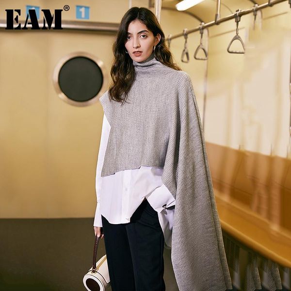

women's sweaters [eam] gray irregular shrugs knitting sweater loose fit turtleneck long sleeve women coat fashion autumn winter 2021 1d, White;black