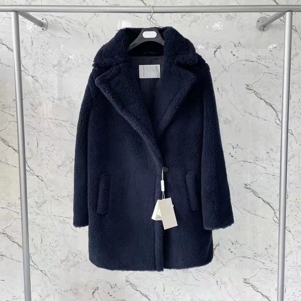 Navy Blue MM Teddy Orchis Pelliccia di alpaca Donna Cammello Lana Parka lungo Oversize Mukla Pellicce Bottone Cappotti da neve Fodera in cashmere Collo con risvolto