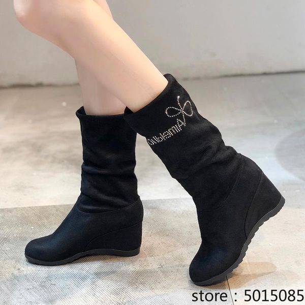 

boots women 2021 winter shoes woman wedges mid calf increasing snow boot bling fashion botas mujer black botines n7780