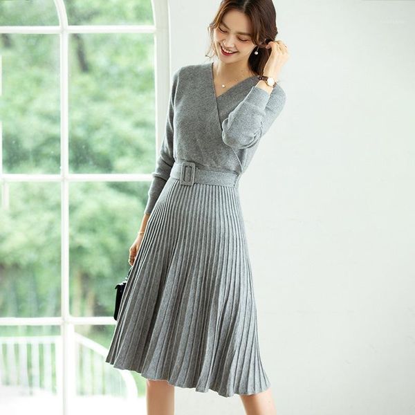 

autumn women long casual knitted dress with sashes pleated elasticity a-line family home lady v-neck vestidos dresses, Black;gray