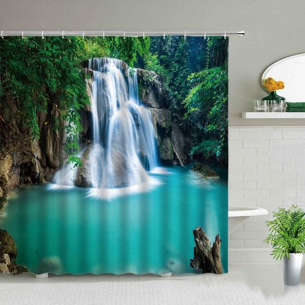 

shower curtains waterfall spring landscape natural scenery home bathroom decor waterproof background wall decors hanging curtain