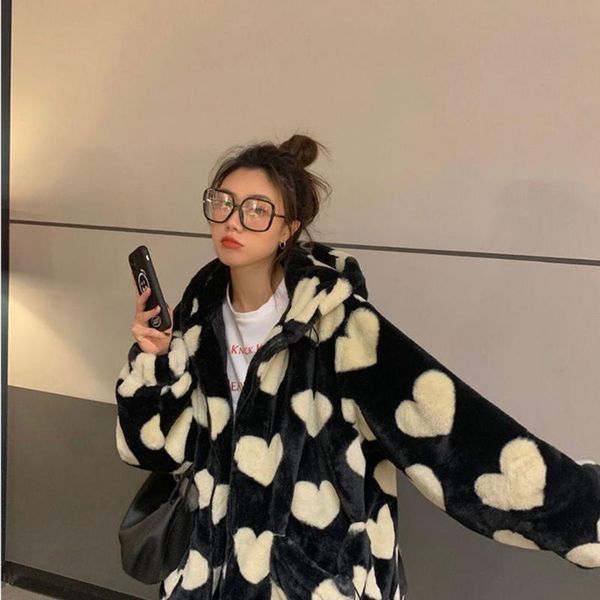 

women's jackets fashion models imitation fur autumn and winter 2021 love plush jacket loose hooded padded coat, Black;brown