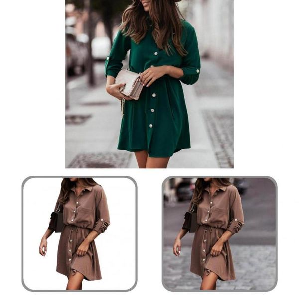 

casual dresses autumn temperament solid color single-breasted shirt dress women office lady drawstring for daily wear, Black;gray