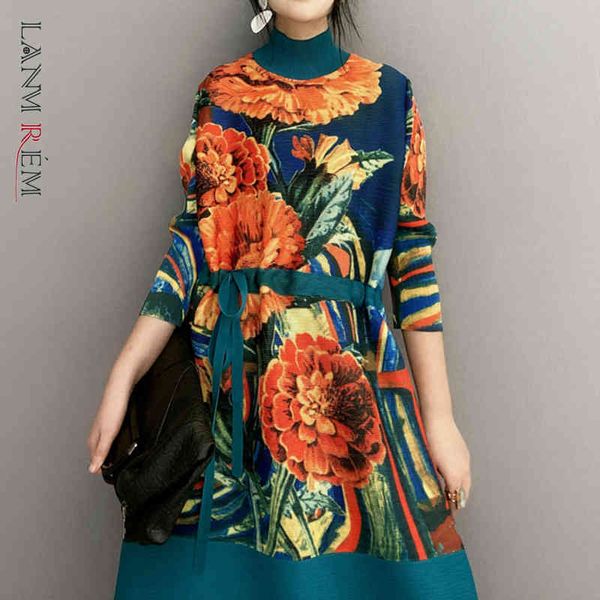 

spring print round collar mid-length pleated dress women vintage loose drawstring temperament pd784 210507, Black;gray