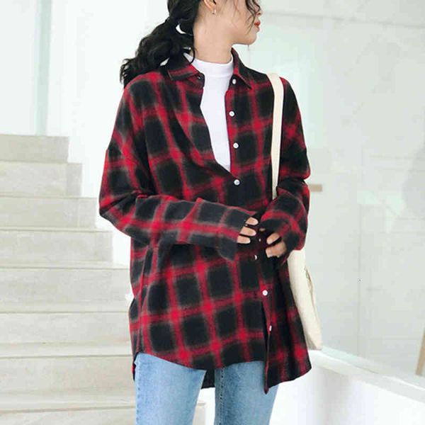 

women's jackets autumn winter korea fashion women long sleeve loose plaid shirts coat all-matched casual turn-down collar long bl, Black;brown
