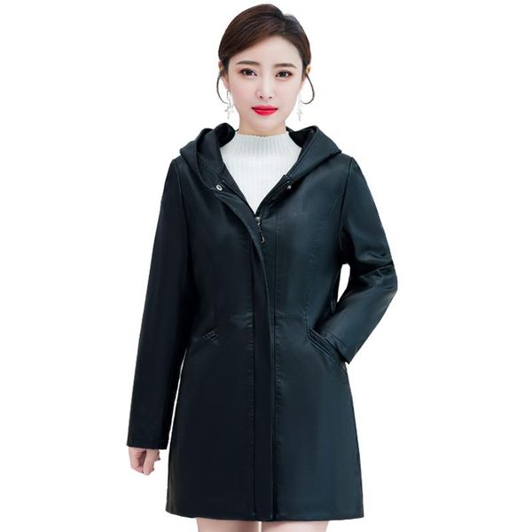 

women's leather & faux 2021 autumn winter jacket women hooded plus size 5xl thick pu coat cotton long black female outerwear