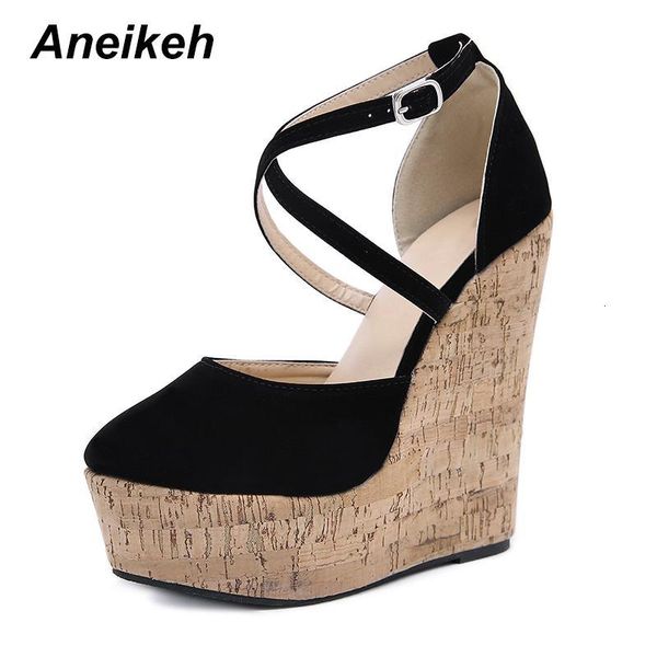 

sandals aneikeh summer women shoes cross-strap flock fashion platform wedges buckle back dress pointed toe black 41 42 kew3