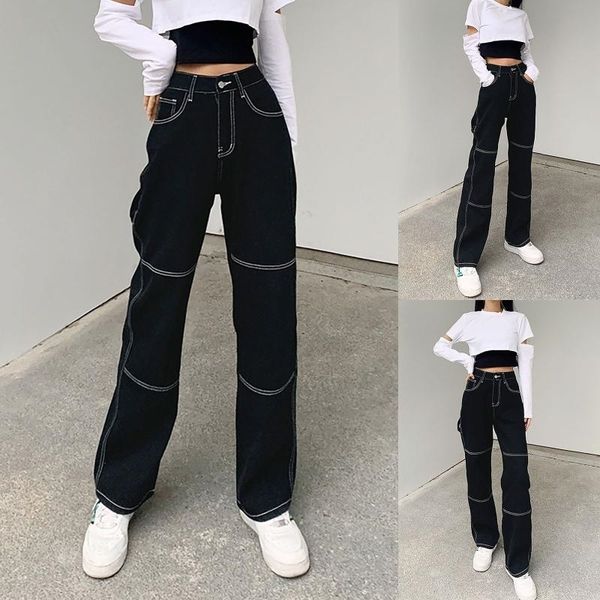 

pockets patchwork baggy fashion streetwear 100% cotton women's stitching high waist loose straight all-match jeans traf xxob, Blue