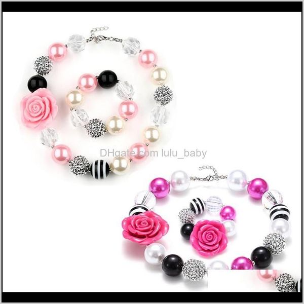 2 colori Rose Girls Cute Chunky Bubblegum collana e bracciale set regalo di compleanno per ragazze Y4Kuo