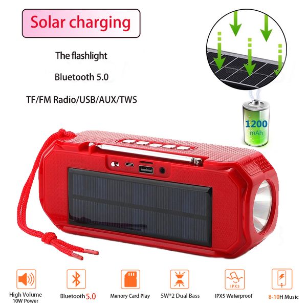 TG280 Alto-falante Bluetooth Alto-falante portátil de carregamento solar Mini coluna sem fio 3D 10W Estéreo Música Surround Suporte FM /TF Caixa de som baixo com lanterna LED