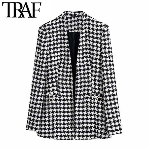 

traf women fashion tweed houndstooth blazer coat vintage long sleeve welt pockets female outerwear chic veste 211019, White;black