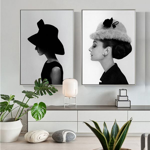 Arte de parede preta e branca Pintura de retratos e impressões de retratos de Audrey Hepburn Girl Wall Picture para decoração da sala de estar