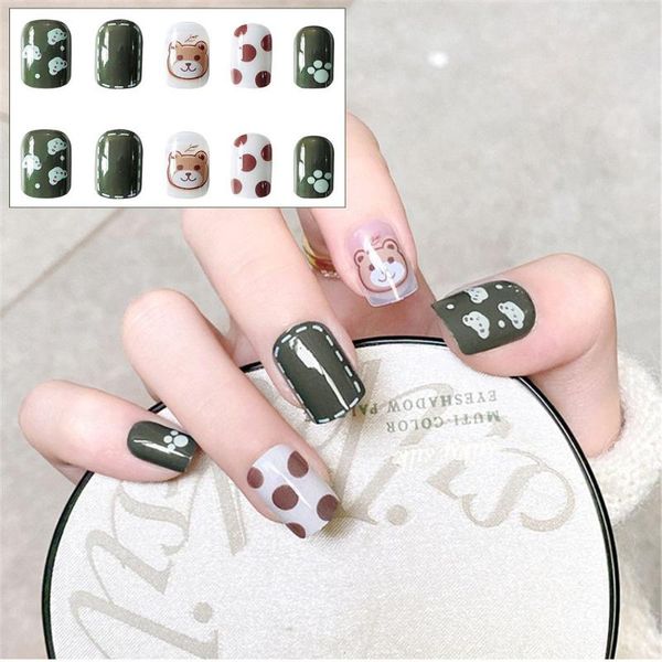 

false nails fashion short paragraph dot nail art bear design fake artificial, Red;gold