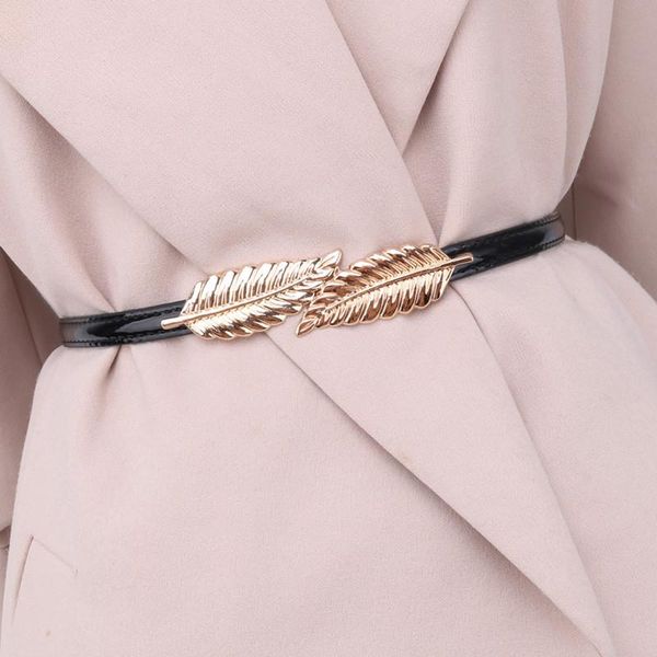 

belts adjustable patent leather metal belt women's leaves decoration dress t-shirt strap elastic pu chain, Black;brown
