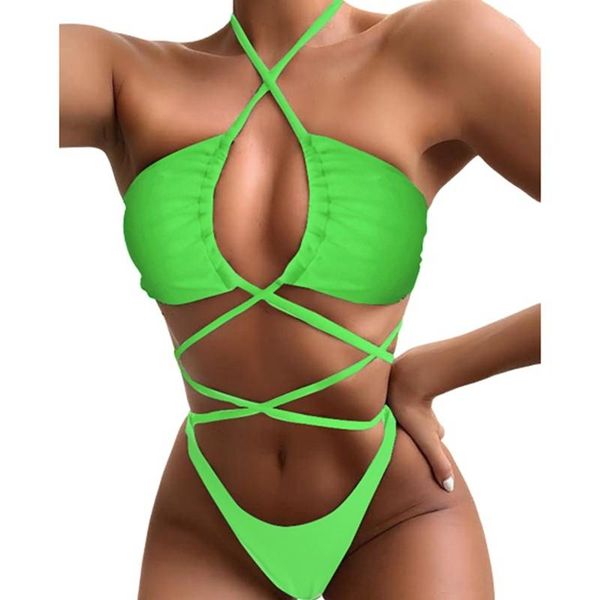 

two-piece suits neon bandage one piece swimsuit high cut swimwear women halter monokini crisscross bathing suit micro female 2021
