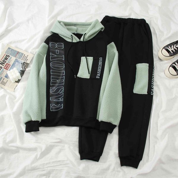 

women's two piece pants set 2 pieces of women's velvet for winter, thick fabric st wool, tracksuit size big with long hood + trous, White