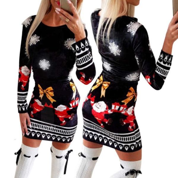 

casual dresses christmas bodycon for women fashion knitted print woman dress long sleeve autumn winter clothing female bzpn, Black;gray