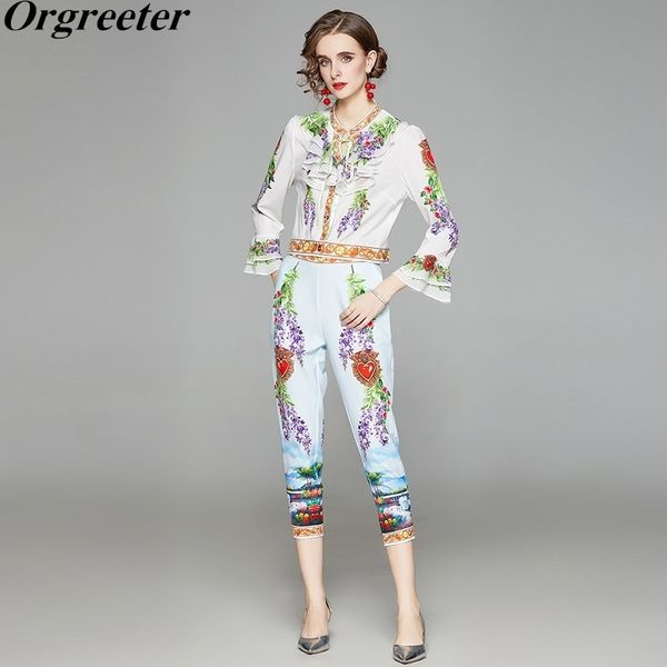 

women's printted two-piece suit summer ol printed o-neck ruffles flare sleeve blouse + calf-length trousers sets 210525, White