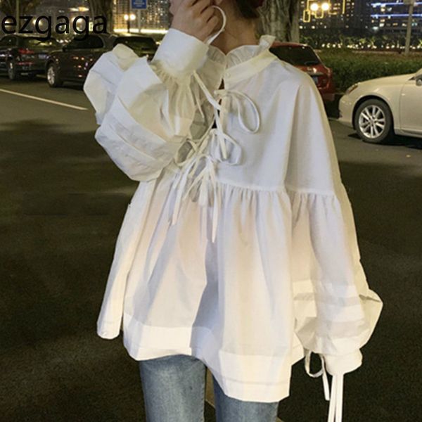 Ezgaga Sweet Shirts Donna Primavera New Fashion Ruffles Long Puff Sleeve Solid Baggy White Lace Up Top donna Kawaii Camicie Chic 210430