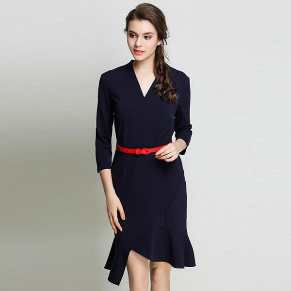 

casual dresses 2021 autumn pattern european trend self-cultivation thin v lead package buttocks fish tail seven part sleeve dress, Black;gray