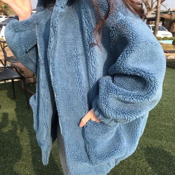 

women's wool & blends lamb coat female long sleeve thickened warm hooded cardigan 2021 autumn winter student loose zipper, Black