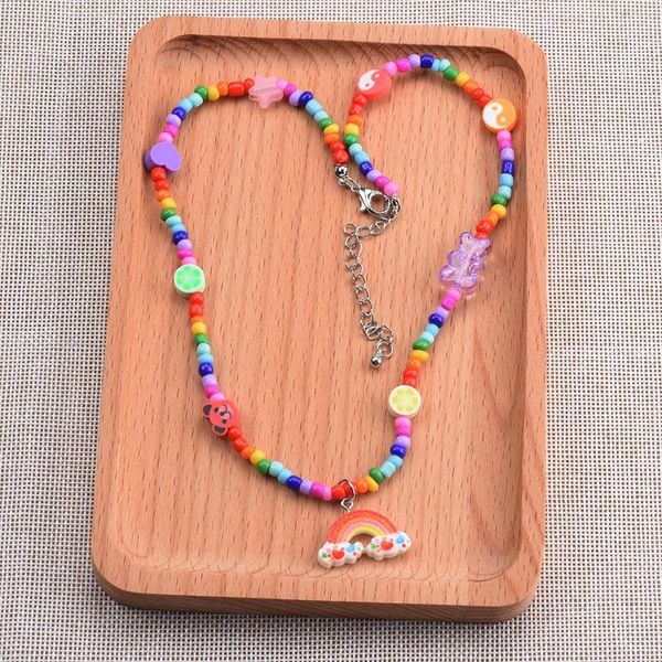 

pendant necklaces bohemian handmade colorful seed beads clavicle necklace for women ethnic soft pottery clay choker jewelry 2021, Silver