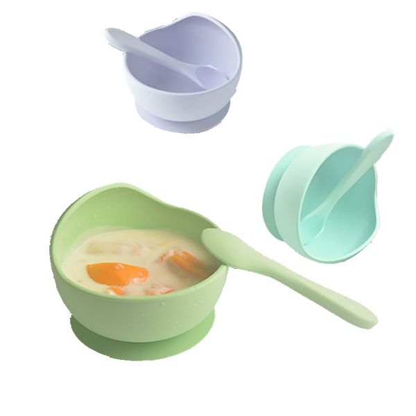 

children's silicone bowl baby anti-fall tableware bring spoon cute not deformed optional color training to eat