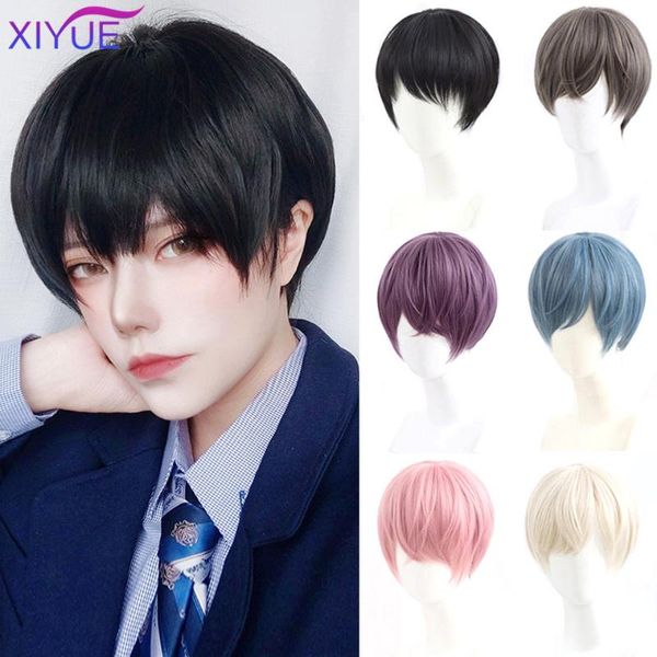 

synthetic wigs xiyue short straight middle part hair for men boy cosplay party natural black heat resistant fake wig