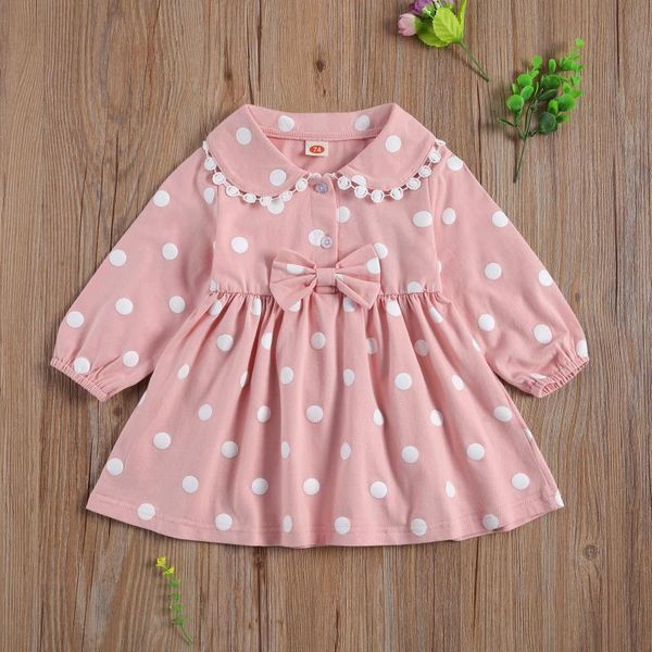 

girl's dresses infant kids baby girl dress lapels dot lace high waist clothing children's long sleeves cuff tightening bow gown fo, Red;yellow
