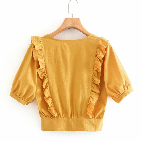 

blouses women's new summer v-neck flounces versatile slim and elegant button-down flounced shirt in solid color female, White