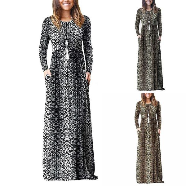 

casual dresses women autumn leopard print dress fashion long-sleeved low-cut club party ladies pocket maxi vestidos, Black;gray