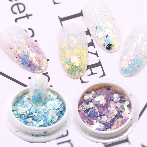 

box nail art mermaid glitter flakes sparkly 3d hexagon sequins spangles polish powder dust manicure diy nails decorations1, Silver;gold