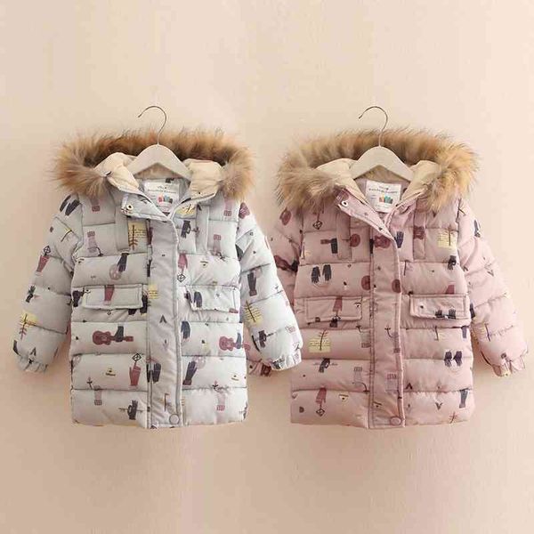 Inverno frio 3 4 6 8 9 10 11 12 anos Adolescente Kids Jacket Wadded algodão acolchoado Doodle Engrossado casaco com capuz para meninas bebés 210529