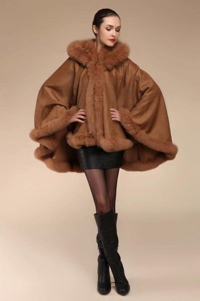 

women's fur & faux genuine shawl 100% real wool cape poncho coat 7 colors luxury warm outerwear, Black