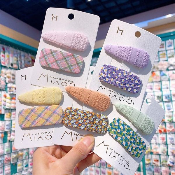 

hair accessories 2 pcs children's floral checkered fabric hairpin korean sweet girl princess fashion square bb clip kids, Slivery;white