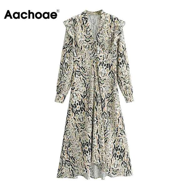 

stylish leopard printed midi women v neck ruffles retro party dresses female long sleeve buttons split dress 210413, Black;gray
