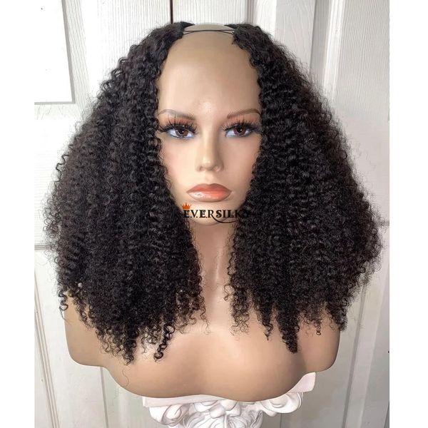 100% não processado 250 densidade afro kinky curly Remy Human Human U Part Wigs para mulheres Máquina completa feita 1x3 1x4 Tamanho abrindo a peruca preta com pentes e tiras