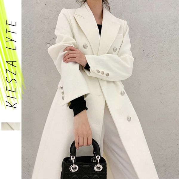 

women's wool & blends white woolen overcoat women long 2021 autumn winter thick double-breasted coat female runway fashion, Black