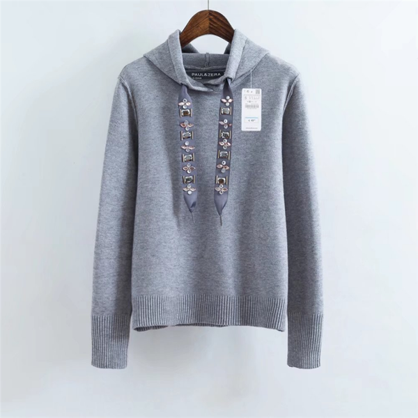 

autumn new hooded womens jacket jewelry belt decorated with knit loose womens sweater, White;black