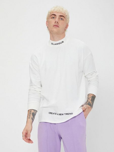 

men mock neck slogan graphic drop shoulder pullover h85k#, Black